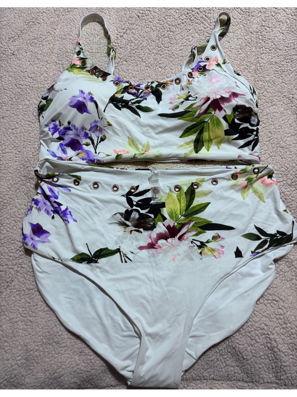 Floral High-Waist Bikini Set in White with Purple & Green Accents
